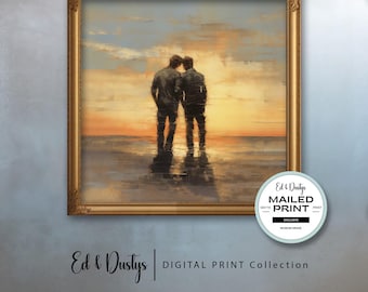 Gay Men Art Print,  LGBTQ Romantic Art, Two Men Square Print, Modern Art Style, Wall Decor, Gay Men Beach Art, Wall Art, Home Decor