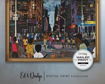 May include: A framed digital print of a city street scene with people. The artwork depicts a vibrant urban environment with buildings, pedestrians, and children playing jump rope. The print is labeled "Ed & Dustys DIGITAL PRINT Collection."