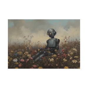 Vintage Robot Oil Painting, Flowers, Country Robot Art, Science Fiction, Space Ship, Flying Saucer Art, Wall Art, Space Home Decor, Nerd Art image 5