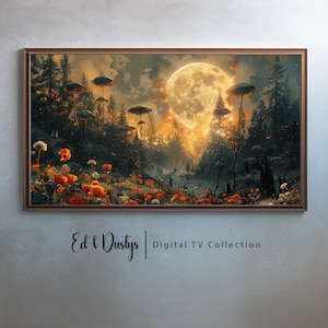May include: A digital painting of a moonlit forest with glowing mushrooms and orange flowers. The moon is full and bright, casting a soft glow on the trees and flowers. The image is a digital artwork from the Ed & Dustys Digital TV Collection.