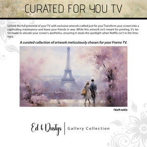 May include: A painting of the Eiffel Tower in Paris, France. The tower is in the background, and in the foreground, a couple is walking along a walkway with a view of the city. The painting is in a soft, pastel color palette.