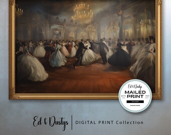 May include: A framed oil painting depicting a grand ballroom scene with couples dancing in elegant attire. The painting is set in a richly decorated room with chandeliers and ornate details. The artwork is titled "Ed & Dustys MAILED PRINT" and features a museum-grade print.
