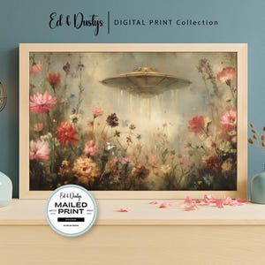 Vintage UFO Oil Painting, Flowers, Country Alien Art, Science Fiction, Space Ship, Flying Saucer Art