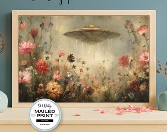 Vintage UFO Oil Painting, Flowers, Country Alien Art, Science Fiction, Space Ship, Flying Saucer Art