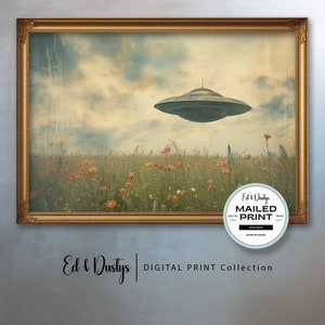 Vintage UFO Oil Painting, Flowers, Country Alien Art, Science Fiction, Space Ship, Flying Saucer Art