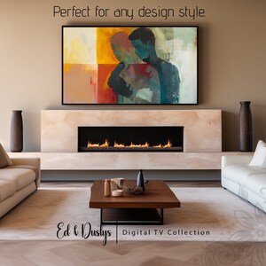 May include: Abstract painting of two figures in shades of blue, yellow, red, and orange, hanging above a fireplace with a modern gas fire. The text "Ed & Dustys Digital TV Collection" is below the fireplace.