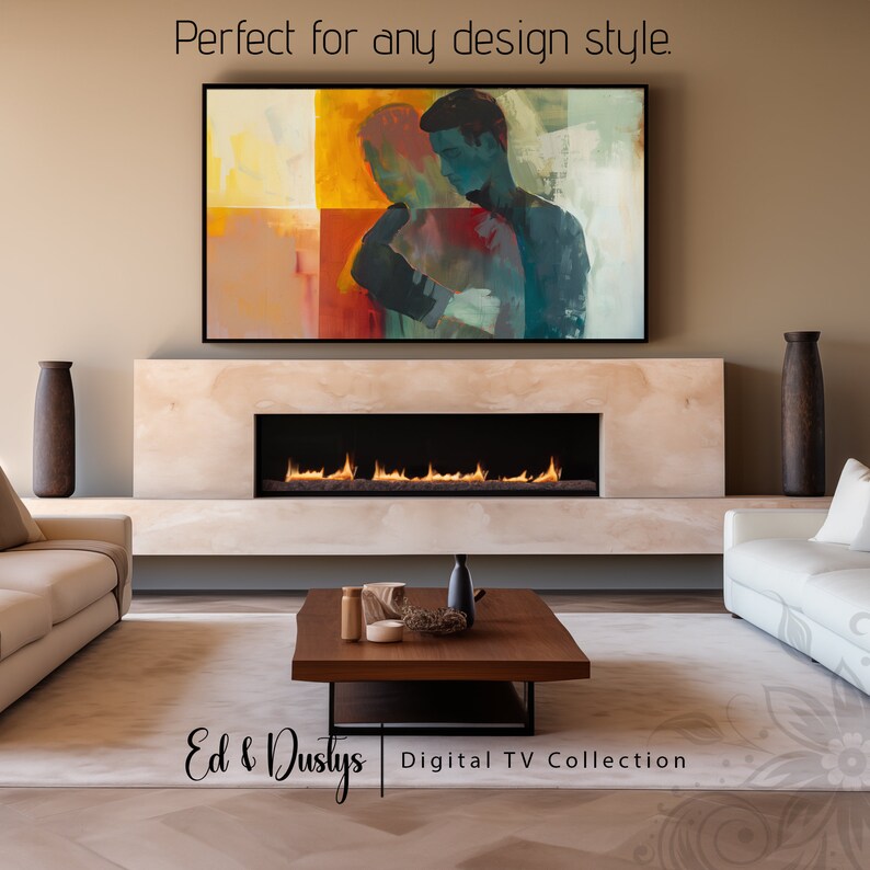 May include: Abstract painting of two figures in shades of blue, yellow, red, and orange, hanging above a fireplace with a modern gas fire. The text "Ed & Dustys Digital TV Collection" is below the fireplace.