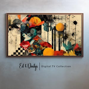 Peut inclure: Œuvre d'art de collage abstrait avec un visage de femme, des formes géométriques et un papillon. L'œuvre est dans un cadre brun et a une esthétique vintage. Ed & Dustys | Digital TV Collection est écrit sous l'œuvre.