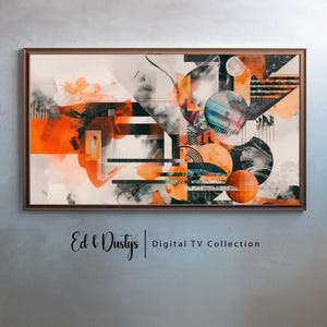 Peut inclure: Impression numérique d'art abstrait avec des formes géométriques dans des tons d'orange, de noir, de blanc et de bleu. L'impression présente un mélange de formes géométriques, de lignes et de cercles, créant une composition dynamique et visuellement intéressante. L'impression est encadrée dans un cadre en bois brun.