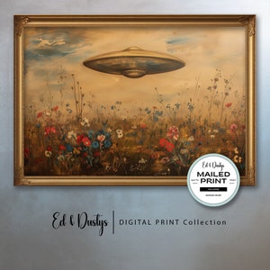 Vintage UFO Oil Painting, Flowers, Country Alien Art, Science Fiction, Space Ship, Flying Saucer Art, Wall Decor, Home Decor, Space Print
