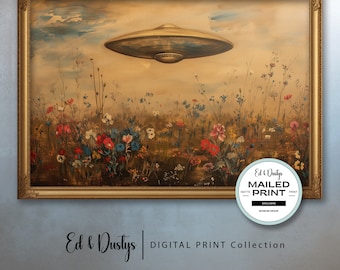 Vintage UFO Oil Painting, Flowers, Country Alien Art, Science Fiction, Space Ship, Flying Saucer Art, Wall Decor, Home Decor, Space Print