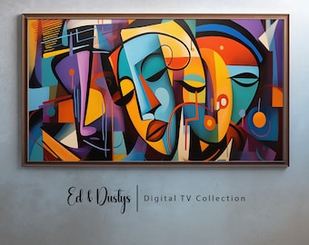 May include: Abstract painting of three faces in a colorful geometric style. The faces are partially obscured by geometric shapes and lines. The painting is framed in a wooden frame. Ed & Dustys | Digital TV Collection