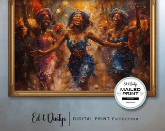 Vintage Afrikaans olieverfschilderij, Afro-Amerikaans, neutrale muurkunst, zwarte geschiedeniskunst, jazzzangers, kleurrijk jazzschilderij, decor Afrikaans huis