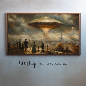 May include: A painting depicting a large, silver flying saucer hovering over a city. The city is on fire, and there are people in the foreground looking up at the saucer. The Eiffel Tower is visible in the background.