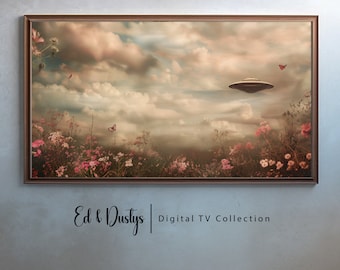 Samsung Frame TV Art, Vintage UFO Oil Painting, Flowers, Country Alien Art, Science Fiction, Space Ship Download, Flying Saucer Art, TV167