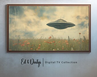 Samsung Frame TV Art, Vintage UFO Oil Painting, Flowers, Country Alien Art, Science Fiction, Space Ship Download, Flying Saucer Art, TV166