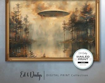 May include: A framed painting of a forest scene with a lake and a flying saucer in the sky. The painting is in a gold frame and has a vintage feel. The text "Ed & Dustys MAILED PRINT EXCLUSIVE MUSEUM GRADE" is on a blue circle in the lower right corner of the image.