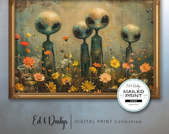 May include: A digital print of a painting featuring four blue-skinned, large-eyed figures standing in a field of yellow and orange flowers. The figures have a whimsical, otherworldly appearance. The print is framed in a gold frame and has a label that reads "Ed & Dustys Mailed Print Exclusive Museum Grade".