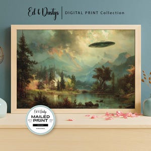 Vintage UFO Oil Painting, Flowers, Country Alien Art, Science Fiction, Space Ship, Flying Saucer Art, Country UFO Painting