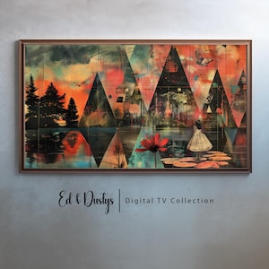 Peut inclure: Une œuvre d'art numérique en collage présentant un motif géométrique de triangles, un lac, une fleur rouge, un papillon et une fille en robe blanche. L'œuvre a une ambiance vintage et onirique et est intitulée "Ed & Dustys | Digital TV Collection".