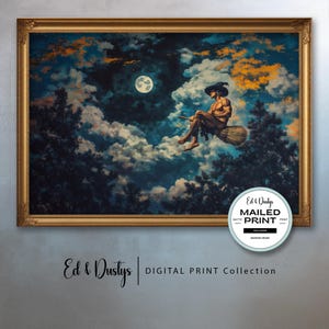 Op de afbeelding: Een ingelijste digitale print met een gespierde figuur die op een bezem door een nachtelijke hemel met wolken en een volle maan rijdt. Het kunstwerk staat tegen een achtergrond van donkere bomen en een dramatische lucht. De print is gelabeld met "Ed & Dustys" en "Digital Print Collection."