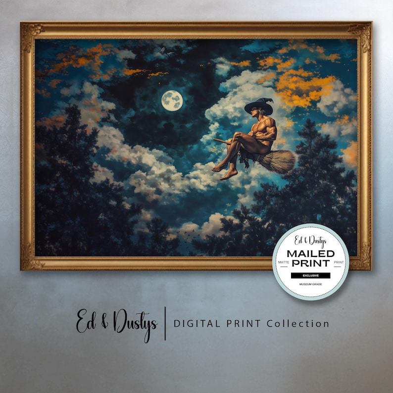 Op de afbeelding: Een ingelijste digitale print met een gespierde figuur die op een bezem door een nachtelijke hemel met wolken en een volle maan rijdt. Het kunstwerk staat tegen een achtergrond van donkere bomen en een dramatische lucht. De print is gelabeld met "Ed & Dustys" en "Digital Print Collection."