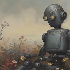 May include: A rusty, blue robot sits in a field of colorful flowers. The robot has large, round eyes and a rectangular body. The flowers are in various shades of pink, yellow, and blue.