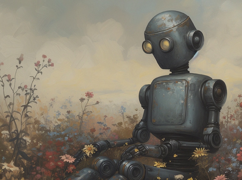 May include: A rusty, blue robot sits in a field of colorful flowers. The robot has large, round eyes and a rectangular body. The flowers are in various shades of pink, yellow, and blue.