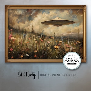 Vintage UFO Oil Painting, Flowers, Country Alien Art, Science Fiction, Space Ship, Flying Saucer Art, Outer Space Art