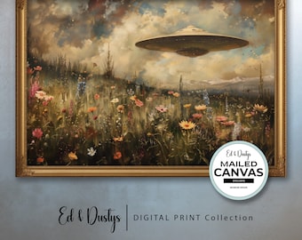 Vintage UFO Oil Painting, Flowers, Country Alien Art, Science Fiction, Space Ship, Flying Saucer Art, Outer Space Art