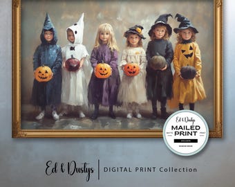 Halloween Painting, Trick Or Treat Kids, Halloween Fall Painting, Fall Art, Halloween Kids Vintage Painting, Fall Home Decor