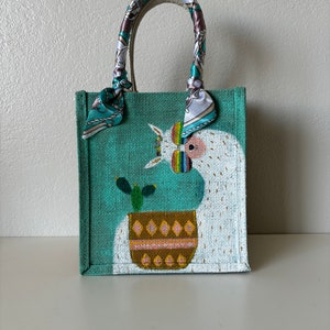 Sac en toile de jute peint à la main minimaliste avec oeuvre d'art acrylique, sac à main en lin écologique couleur chameau peint