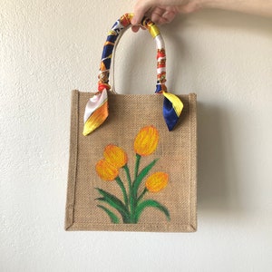 Hand painted tulip jute tote with acrylic paint
