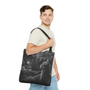 alternative Cosmic Katzen Tasche, schwarz weiss Realismus, psychedelische Traumlandschaft, Kreide Kunst, kartierte Welten, der Schwerkraft trotzende Landschaften