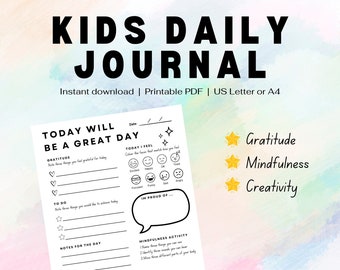 Kids Daily Journal, Printable PDF - Mindfulness Journal, Gratitude Journal