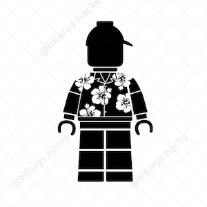 Può includere: Una silhouette in bianco e nero di una minifigure Lego che indossa una camicia hawaiana con fiori bianchi e un berretto da baseball nero.
