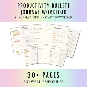 May include: A digital printable productivity journal with over 30 pages. The pages are organized into sections for goals, self-care, and tracking. The journal is designed in a minimalist style with a light pink, light blue, and light yellow color scheme. The text on the cover reads "Productivity Bullet Journal Workload A4 Format | PDF | Instant Download".