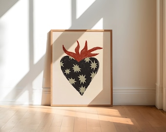 Sacred Heart wall art, Hand drawn heart, heart wall art, Catholic wall art, Jesus heart illustration, sacred heart decor, vintage wall art