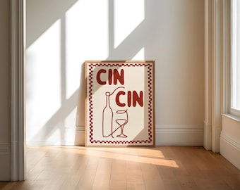 Cin Cin kunst aan de muur, wijn kunst aan de muur, alcohol kunst aan de muur, Cheers kunst aan de muur, wijn print, retro kunst aan de muur, geruite retro muur kunst, digitale download