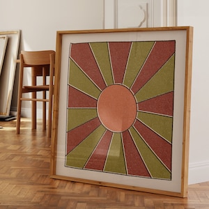 Sztuka ścienna w stylu Sunshine, Sztuka słoneczna, Sztuka ścienna w stylu Boho, Wydruk słoneczny, Ilustracja słoneczna, Różowa i czerwona sztuka ścienna, Sztuka ścienna w stylu retro, Sztuka ścienna w stylu Desert, Rysowane ręcznie