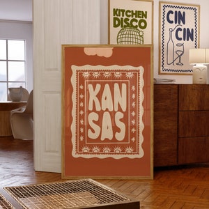 Sztuka ścienna Kansas, Sztuka ścienna pustyni, Plakat Kansas, Wydruk Kansas, Ręcznie rysowana sztuka ścienna Kansas, Wydruk podróżniczy, Sztuka ścienna podróżnicza, Sztuka ścienna boho