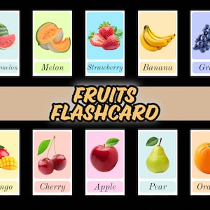 Flashcards sur les fruits | 25 cartes-éclair de fruits à imprimer | Apprentissage préscolaire | Images réelles | Téléchargement instantané | Cartes mémoire Montessori