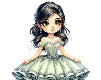 Mintgroene quinceanera prinses clipart – hoge kwaliteit png (digitale afbeelding)