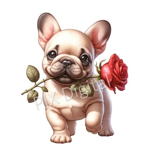 French Bulldog With a Red Rose - Digital Image Pngs, Clipart, High