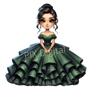 以下が含まれることがあります： ハート型のネックラインの緑色のキラキラした重ね着のドレスを着た若い女性の漫画のイラスト。彼女は緑色の花のアクセントが付いたお団子にまとめた黒い髪をしています。彼女は緑色のイヤリングと銀色のネックレスをしています。