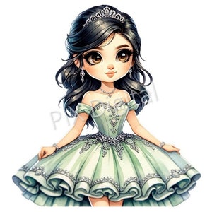 Princesa Verde Menta Quinceanera - Imagem Digital, Clipart Quinceanera, PNGs de Alta Qualidade, Transferência DTF, Princesa Verde PNG, Uso Comercial