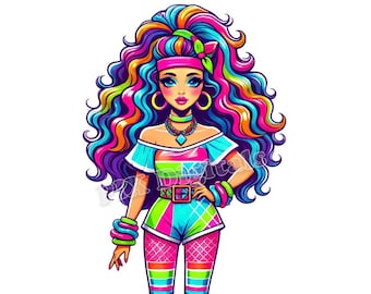 80s Glam Doll Clipart – Retro PNG Digital Image, Commercial Use