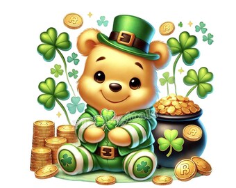 St. Patrick's Pooh - 2 Digital Images, Clipart, Pooh PNG, Digital Art Saint Patricks Pooh, DTF Transfer, SVG, Saint Patrick, Commercial Use