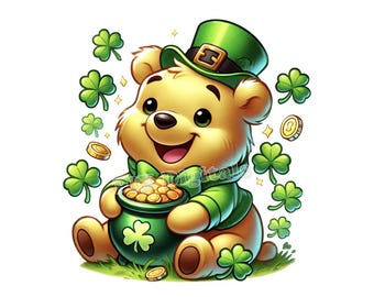 Bee Luckly with Pooh - Digital Image, Clipart, Pooh PNG, Digital Art Saint Patricks Pooh, DTF Transfer, SVG, Saint Patrick, Commercial Use