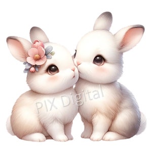 Peut inclure: Deux lapins blancs au nez rose et au pelage doux se blottissent. Le lapin à gauche porte un bandeau de fleurs roses avec des accents bleus et verts.